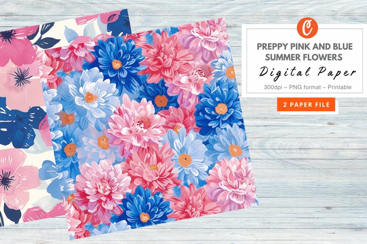Preppy Pink and Blue Summer Flowers Digital Paper