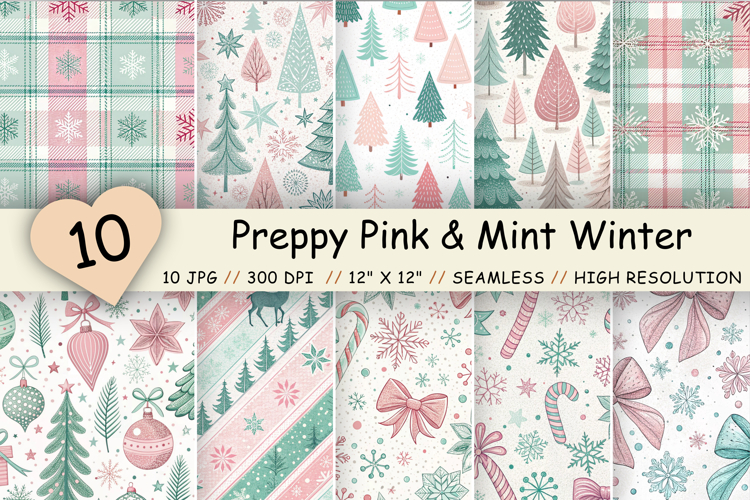 Preppy Pink & Mint Winter Digital Paper Bundle