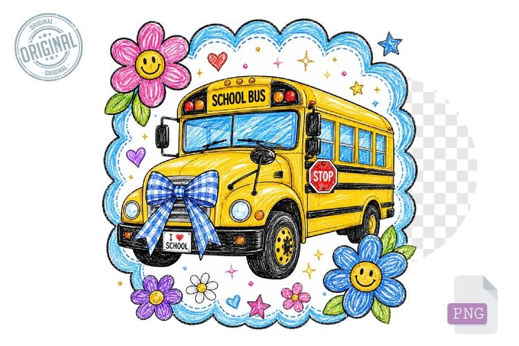 Preppy School Bus with Bow Clipart PNG for Back to School
