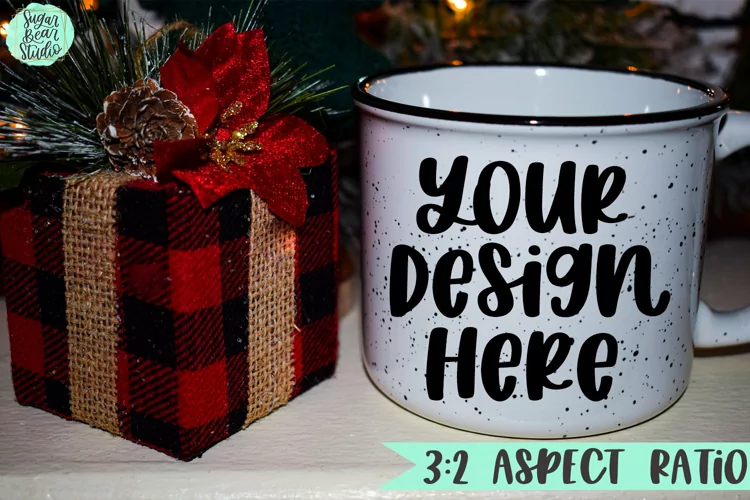 White Mug Mockup With Present | Christmas Theme Mockup
