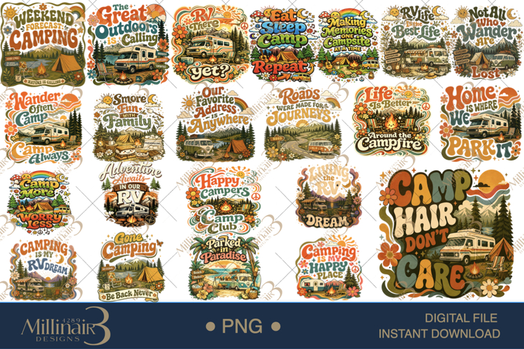 Groovy Camping PNG Bundle, 20 Retro Camping Sublimation Desi