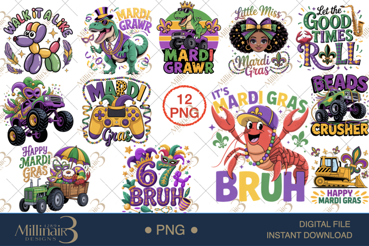 Mardi Gras Kids PNG Bundle, 12 Carnival Shirt Designs