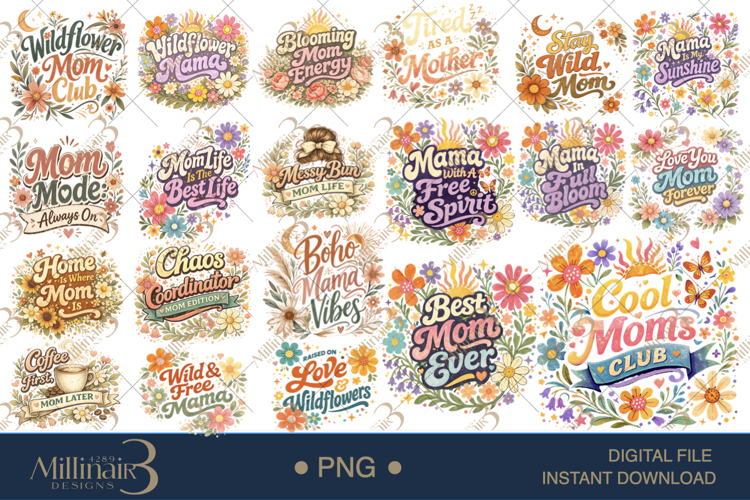 Blooming Mama Groovy Floral Bundle PNG, 20 Retro Mom Designs