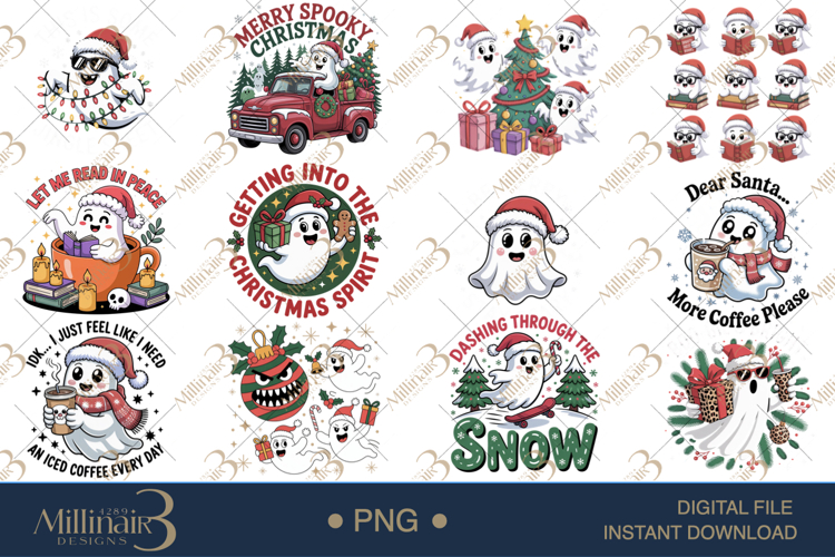 Christmas Ghost PNG Bundle | 12 Funny Holiday Clipart Design