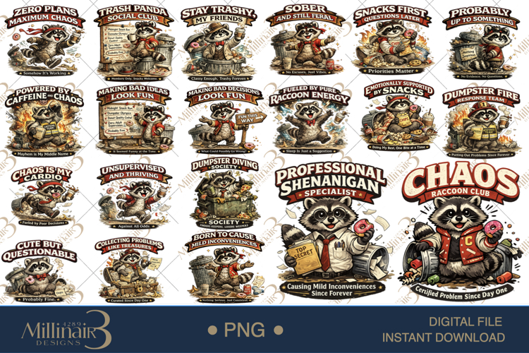 Chaos Raccoon Club PNG Bundle, 20 Funny Raccoon PNG Designs,