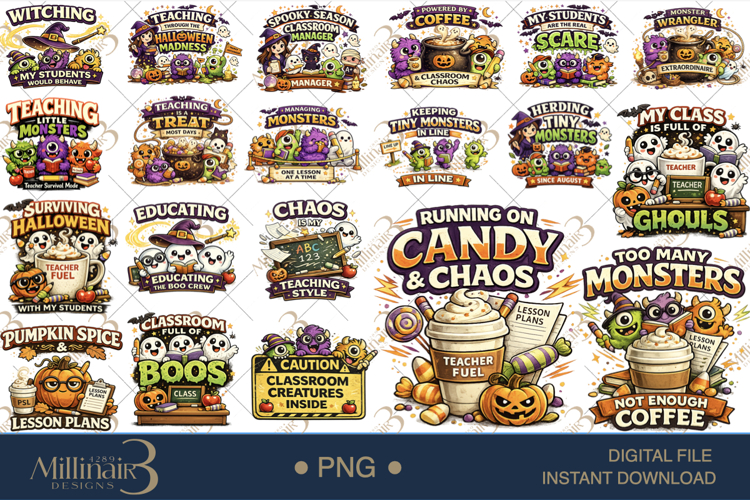 Halloween Classroom Chaos PNG Bundle for Teachers, 20 Cute
