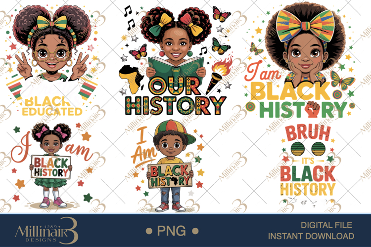 Black History Month Kids PNG Bundle, 6 African American Prid