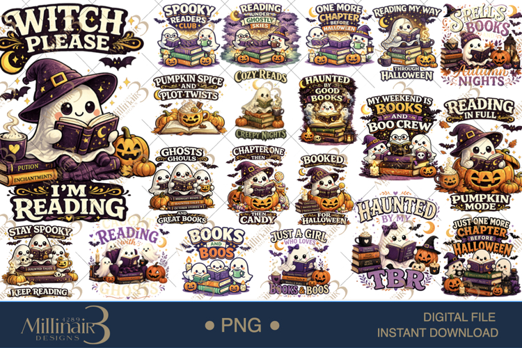 Spooky Book Lover PNG Bundle, 20 Halloween Reading Designs w