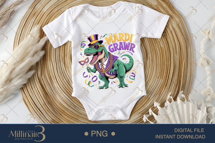 Mardi Grawr PNG, Funny Dinosaur Mardi Gras Shirt Design with