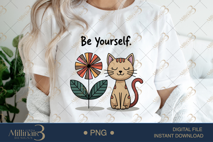 Be Yourself Cat PNG | Cute Boho Cat with Retro Flower