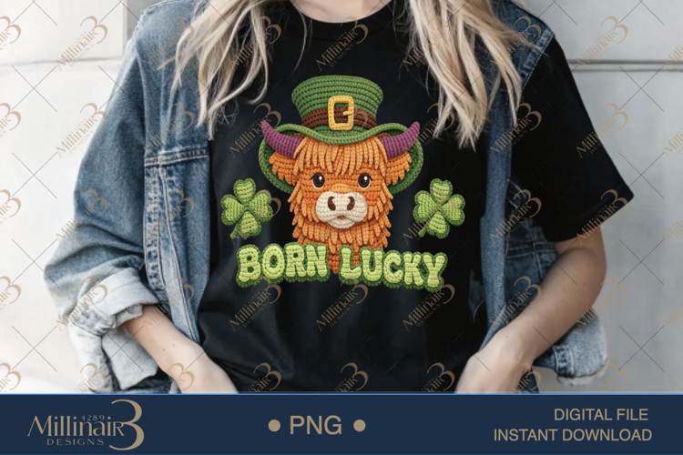 Born Lucky Highland Cow PNG, St Patrick Day Cow Clipart,