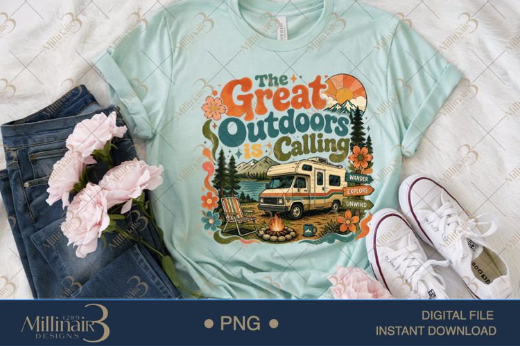 The Great Outdoors Is Calling PNG, Retro RV Camping Sublimat