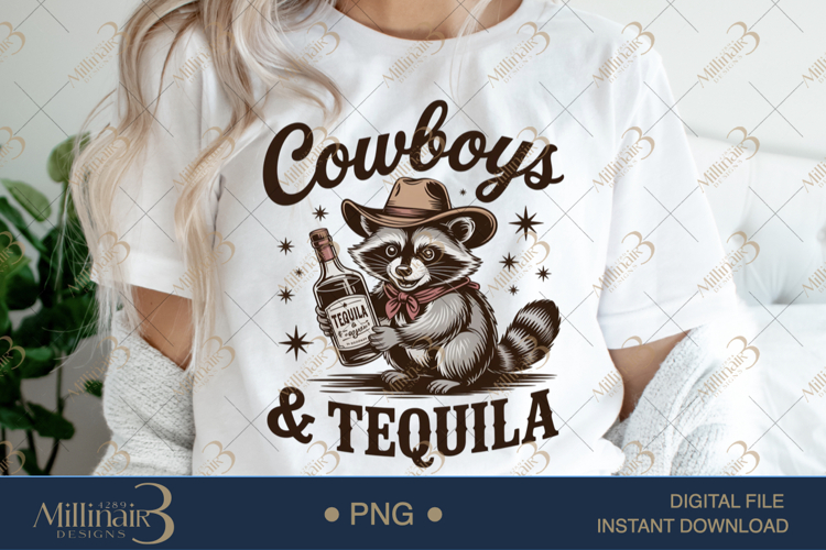 Cowboys & Tequila PNG Cute Raccoon Western Clipart