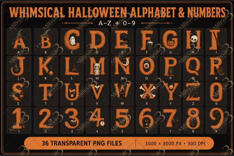 Whimsical Halloween Alphabet and Numbers Clipart, Spooky Ora