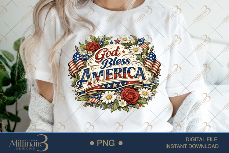 God Bless America PNG, Patriotic Floral Sublimation Design,