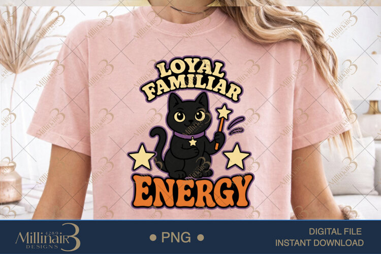 Loyal Familiar Energy PNG, Witchy Cat Halloween Design, Blac example image 1