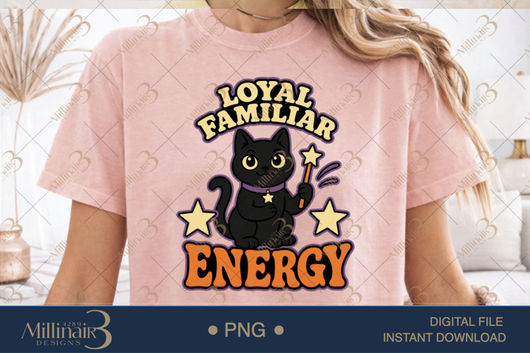 Loyal Familiar Energy PNG, Witchy Cat Halloween Design, Blac