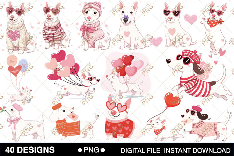 Funny Bull Terriers in Love Valentine Dog Clipart Bundle