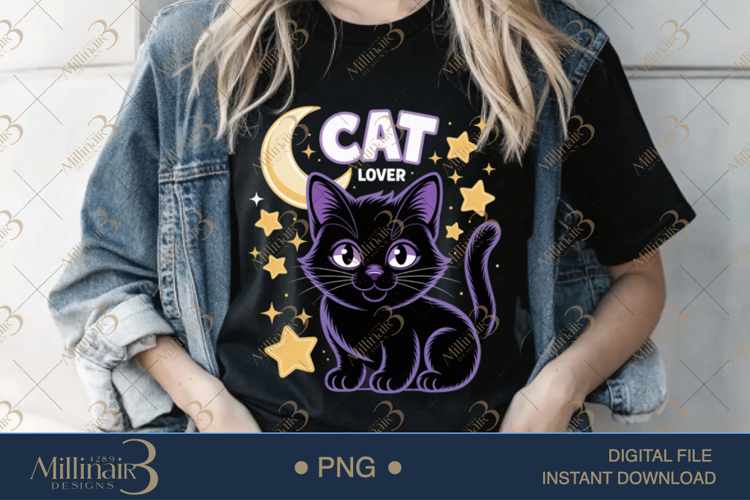 Cute Cat Lover PNG | Black Cat with Moon & Stars Clipart
