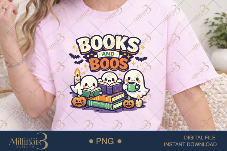 Books and Boos PNG, Cute Ghost Reading Design for Book Lover