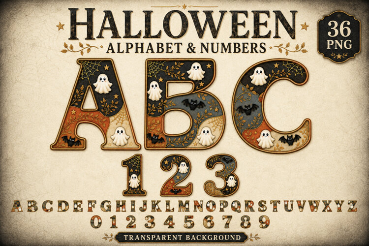 Whimsical Ghost Halloween Alphabet and Numbers Clipart, Cute example image 1