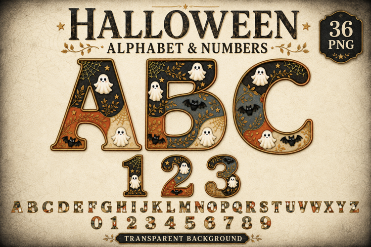 Whimsical Ghost Halloween Alphabet and Numbers Clipart, Cute