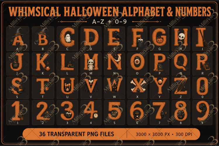 Whimsical Halloween Alphabet and Numbers Clipart, Spooky Ora