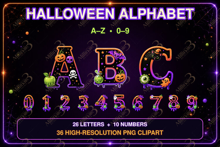 Spooky Halloween Alphabet Clipart, Halloween Letters and Num example image 1