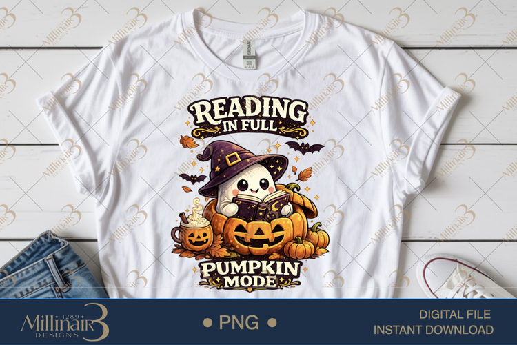 Reading in Full Pumpkin Mode PNG, Cute Halloween Book Lover