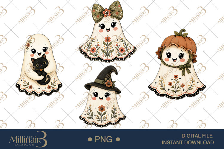 Floral Folk Ghosts Halloween Clipart, 4 Cute Ghost example image 1
