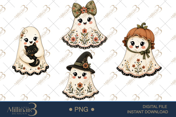 Floral Folk Ghosts Halloween Clipart, 4 Cute Ghost