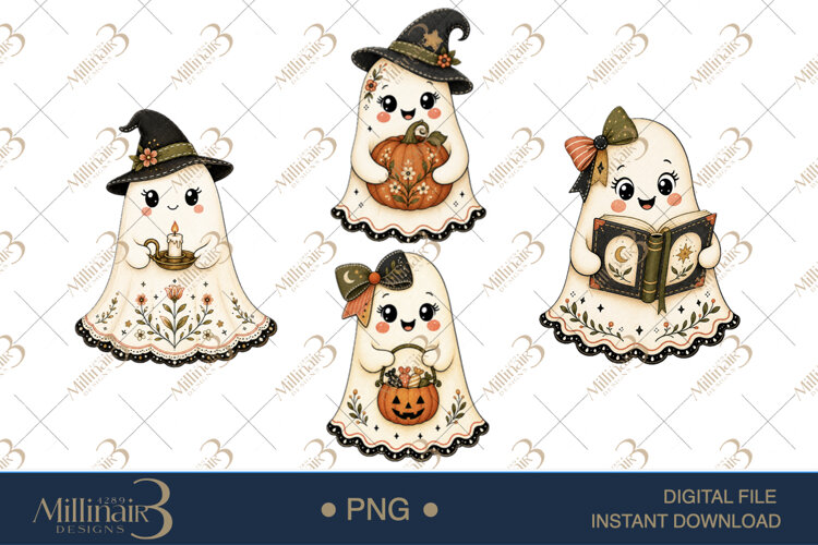 Floral Folk Ghosts Halloween Clipart, 4 Cute Ghost example image 1