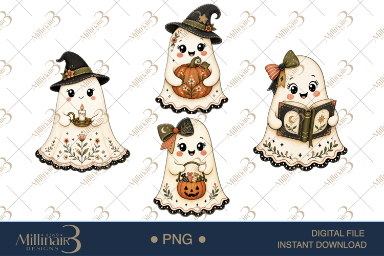 Floral Folk Ghosts Halloween Clipart, 4 Cute Ghost
