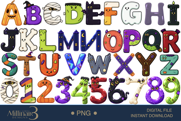 Cute Halloween Doodle Alphabet & Numbers Clipart