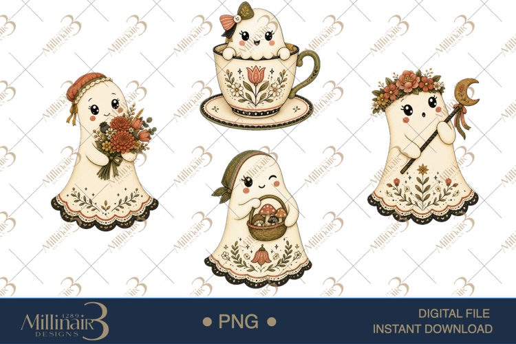 Floral Folk Ghosts Halloween Clipart 4 Cute Ghost