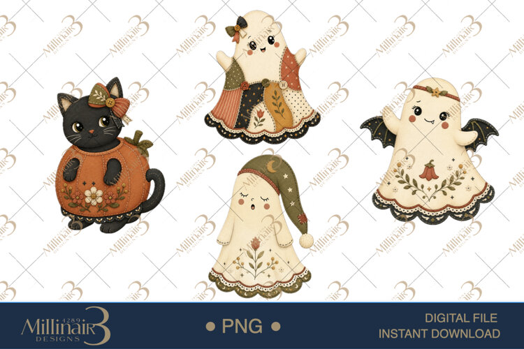 Floral Folk Ghosts Halloween Clipart, 4 Cute Ghost example image 1