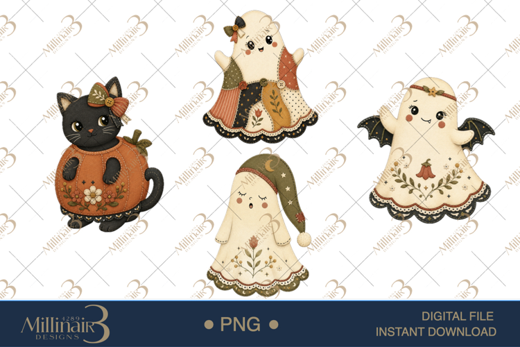 Floral Folk Ghosts Halloween Clipart, 4 Cute Ghost