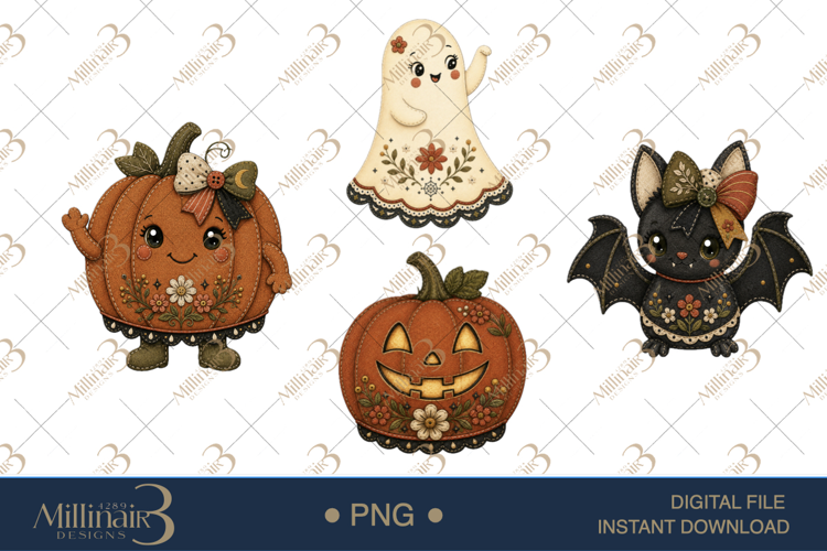 Floral Folk Ghosts Halloween Clipart , 4 Cute Ghost