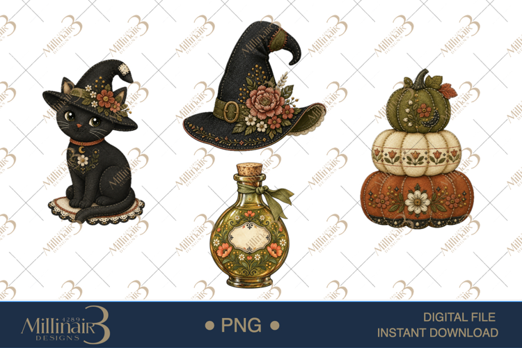 Floral Folk Ghosts Halloween Clipart , 4 Cute Ghost