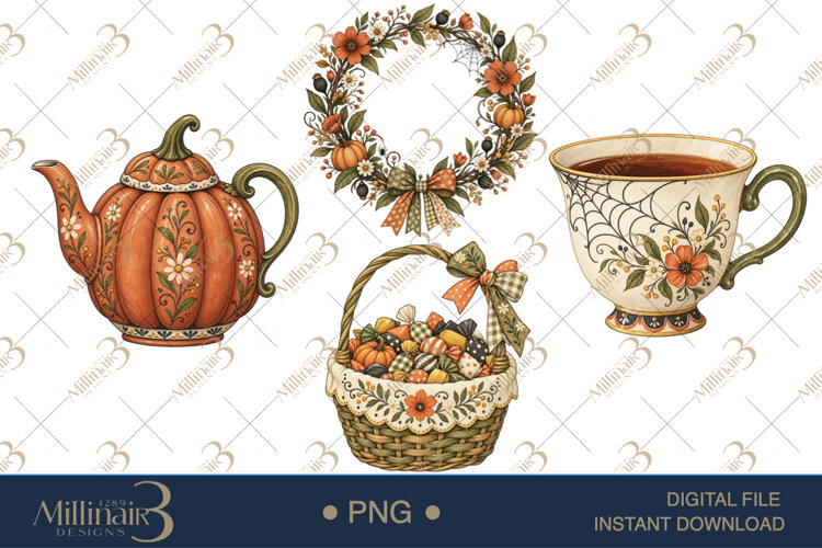 Floral Folk Ghosts Halloween Clipart , 4 Cute Ghost example image 1