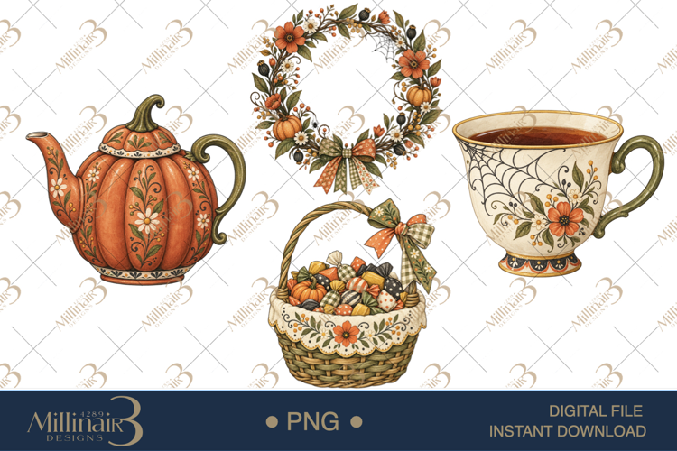 Floral Folk Ghosts Halloween Clipart , 4 Cute Ghost