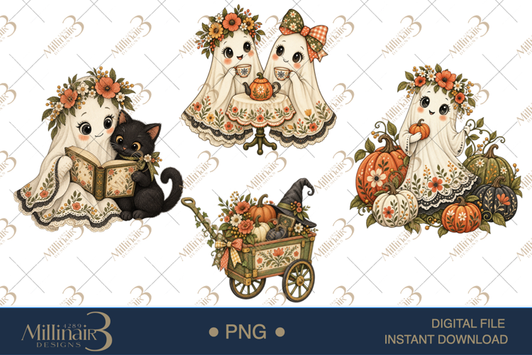 Floral Folk Ghosts Halloween Clipart , 4 Cute Ghost