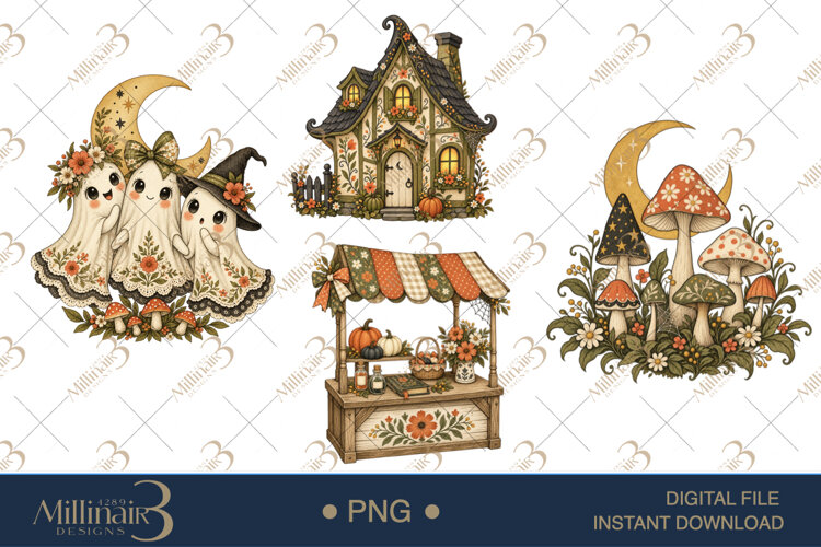 Floral Folk Ghosts Halloween Clipart , 4 Cute Ghost example image 1