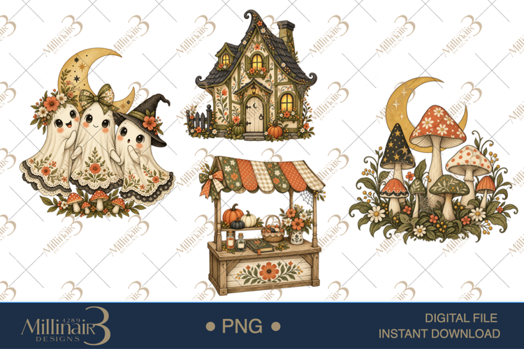 Floral Folk Ghosts Halloween Clipart , 4 Cute Ghost