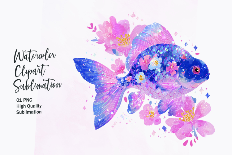 Blue Fish with Flower Crown Watercolor Clipart Sublimation