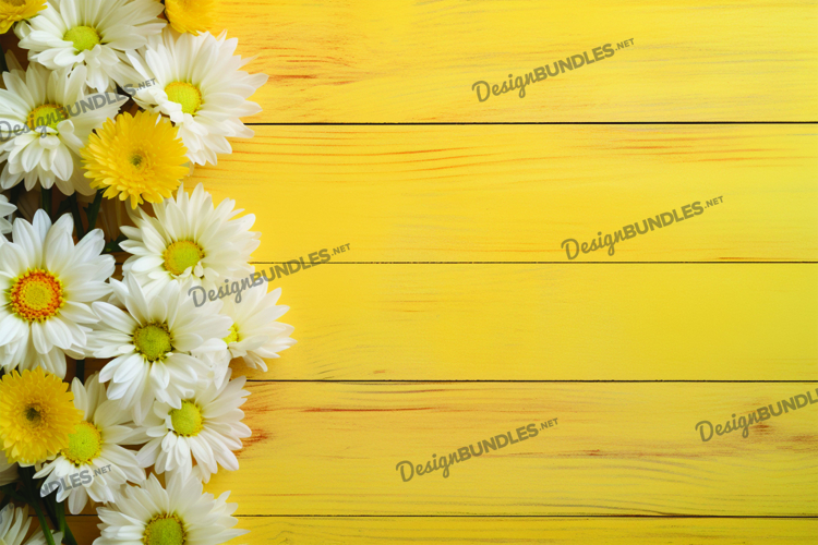 Daisy flowers on yellow wooden background, digital paper
