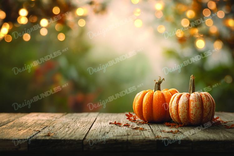 Autumn Fall Pumpkins on Wooden Table with Leaves