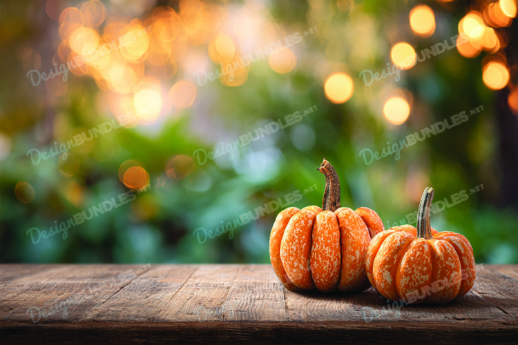 Autumn Fall Pumpkins on Wooden Table with Leaves