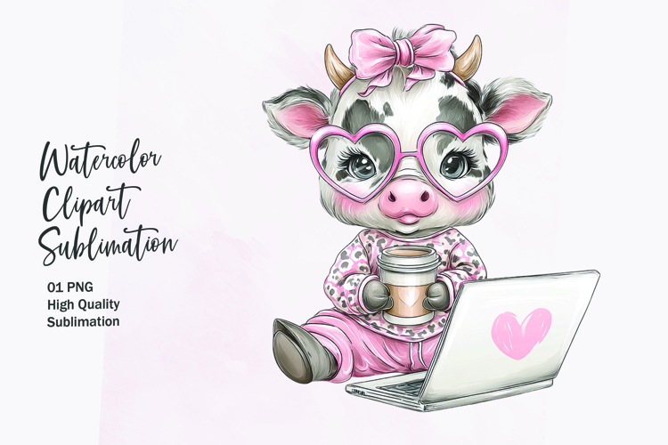 Cute Highland Cow with Coffee Laptop Watercolor Clipart