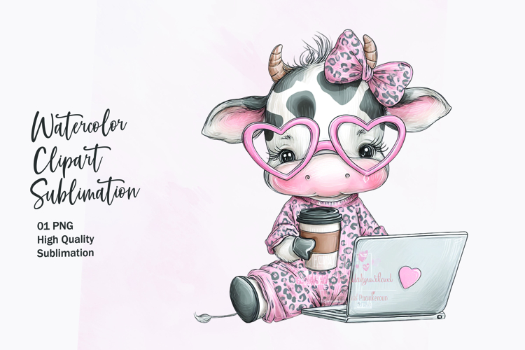 Cute Highland Cow with Coffee Laptop Watercolor Clipart
